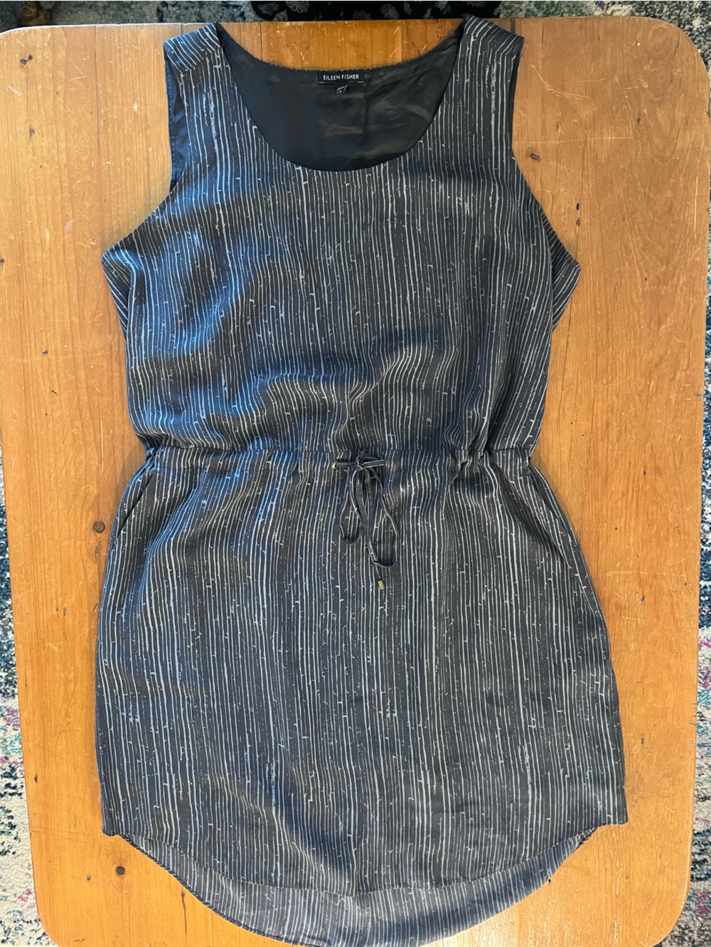 Eileen Fisher Shima Printed Silk Crepe Dress Drawstring Waist Pockets Capsule